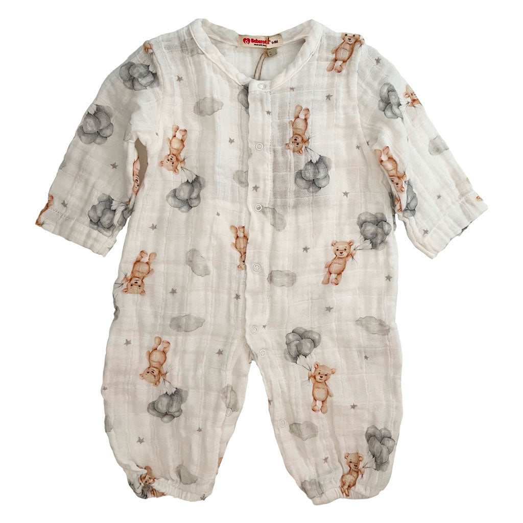 Cute baby one-piece romper with bears and balloons in 100% Muslin Cotton
