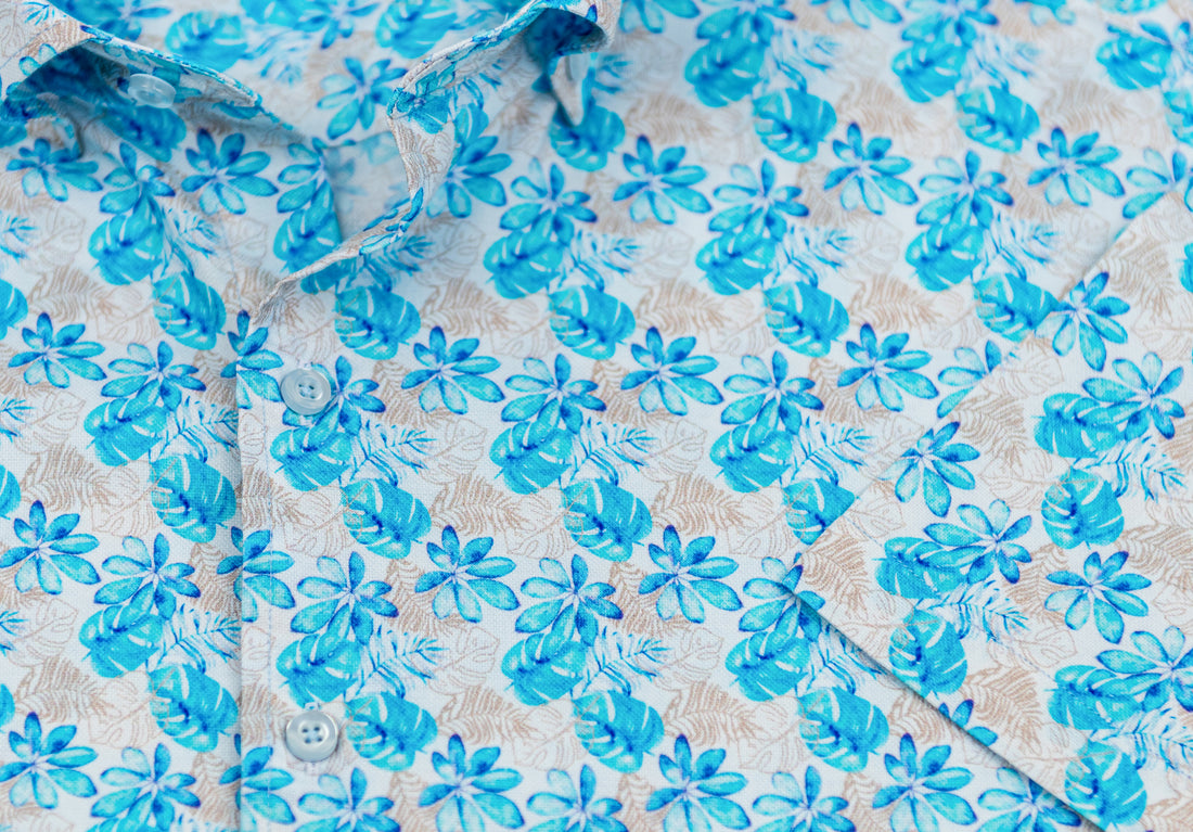 Wear Sierra Top Shelf Men's Cotton Short Sleeve Button Down Shirts in Blue Tropical Print
