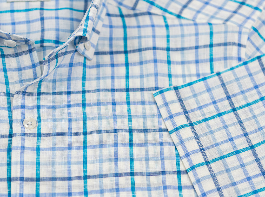 Wear Sierra Top Shelf Men's Cotton Short Sleeve Button Down Shirts in White Blue Plaid