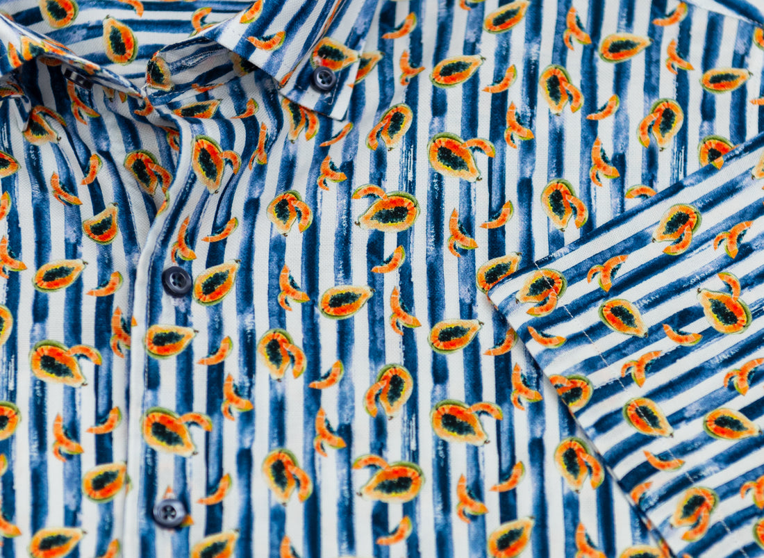 Wear Sierra Top Shelf Men's Cotton Short Sleeve Button Down Shirts in Navy Stripes & Papayas