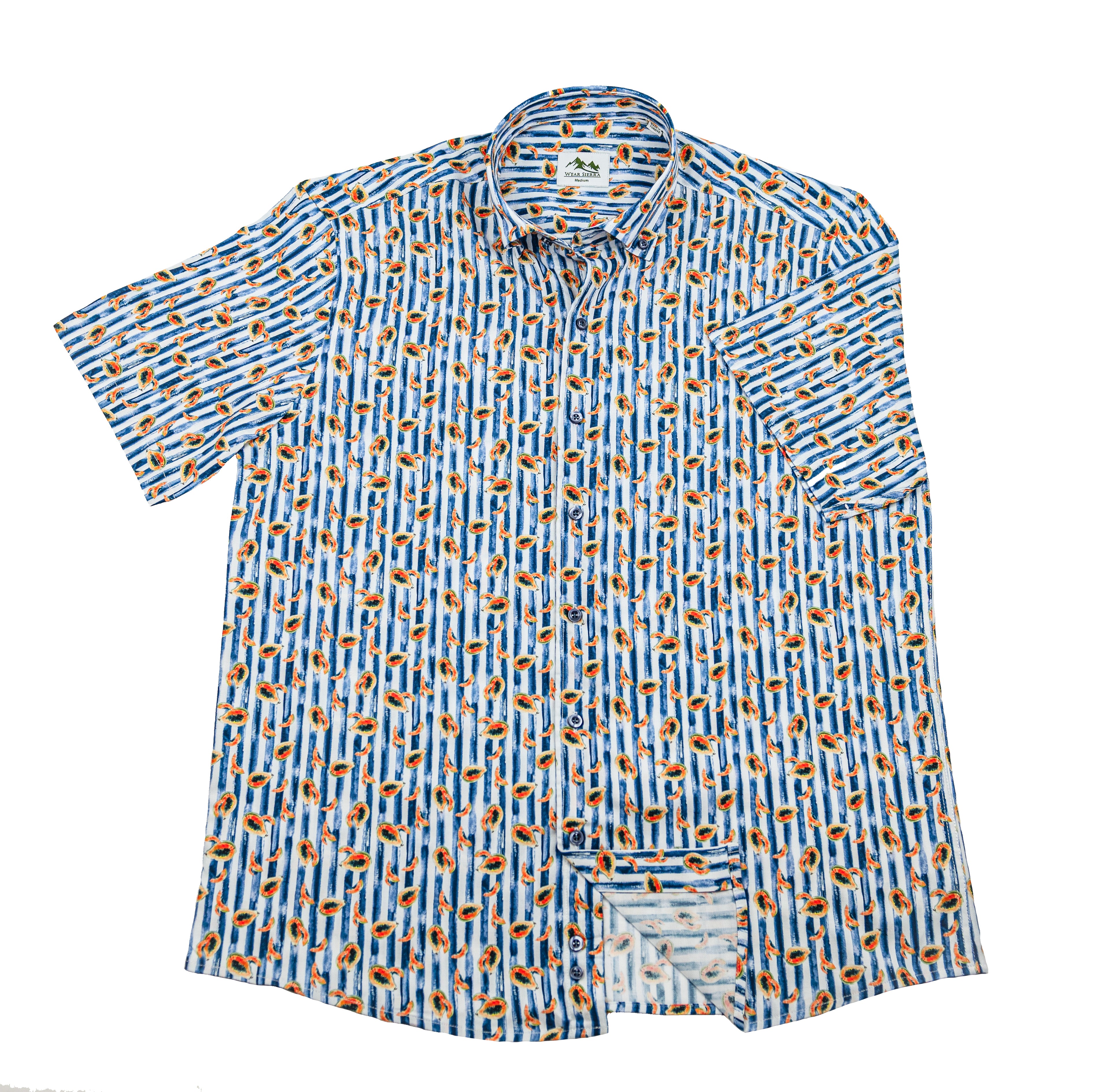 Wear Sierra Top Shelf Men's Cotton Short Sleeve Button Down Shirts in Navy Stripes & Papayas