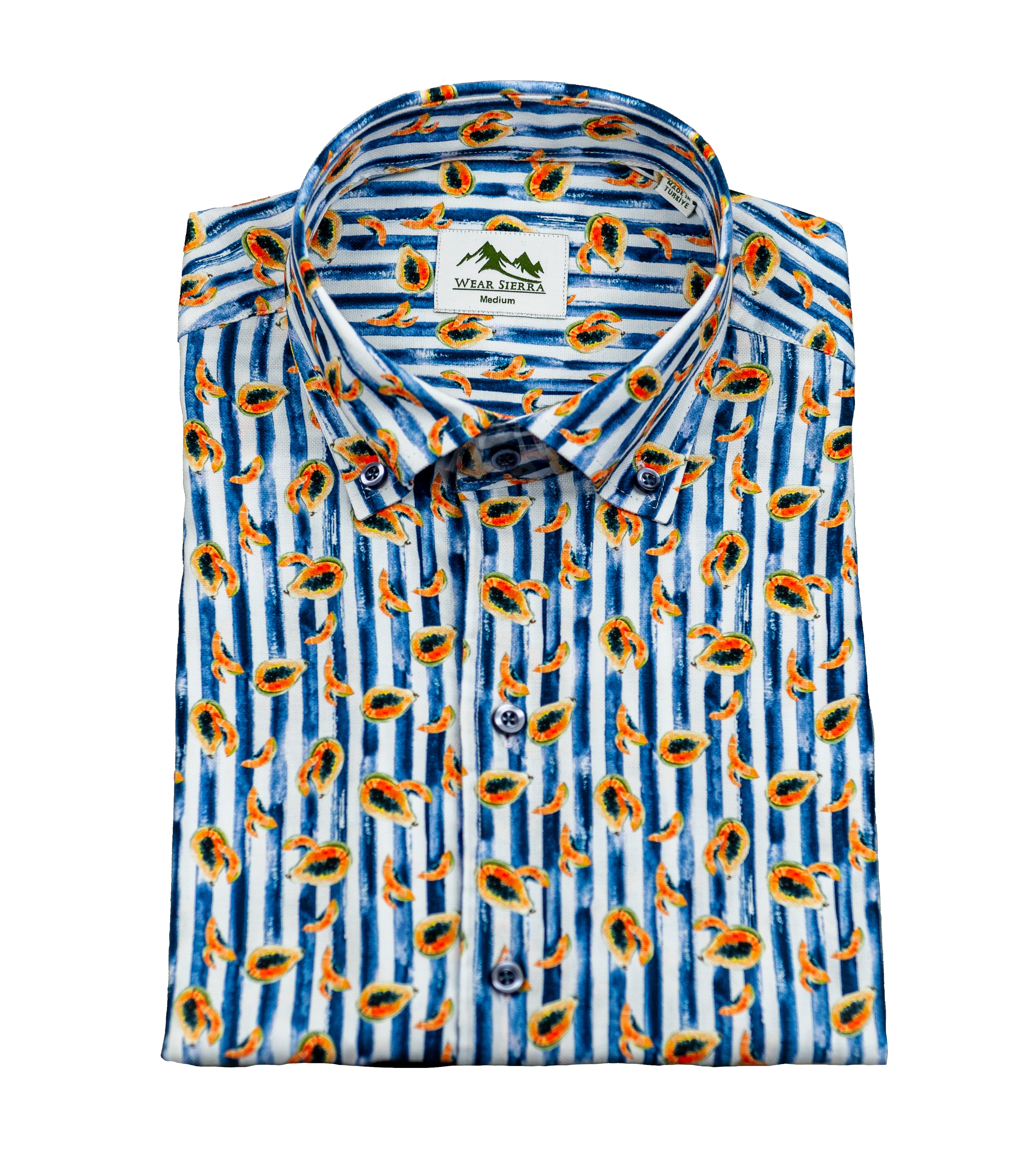 Wear Sierra Top Shelf Men's Cotton Short Sleeve Button Down Shirts in Navy Stripes & Papayas
