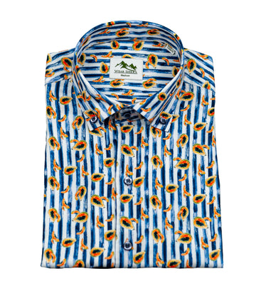 Wear Sierra Top Shelf Men's Cotton Short Sleeve Button Down Shirts in Navy Stripes & Papayas