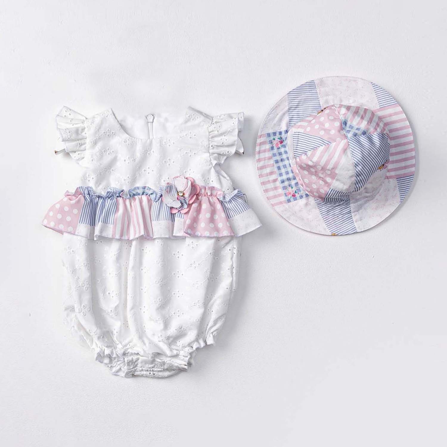 Infant Girl's 2-Piece Summer Romper with Flutter Sleeves & Bonus Matching Sun Hat