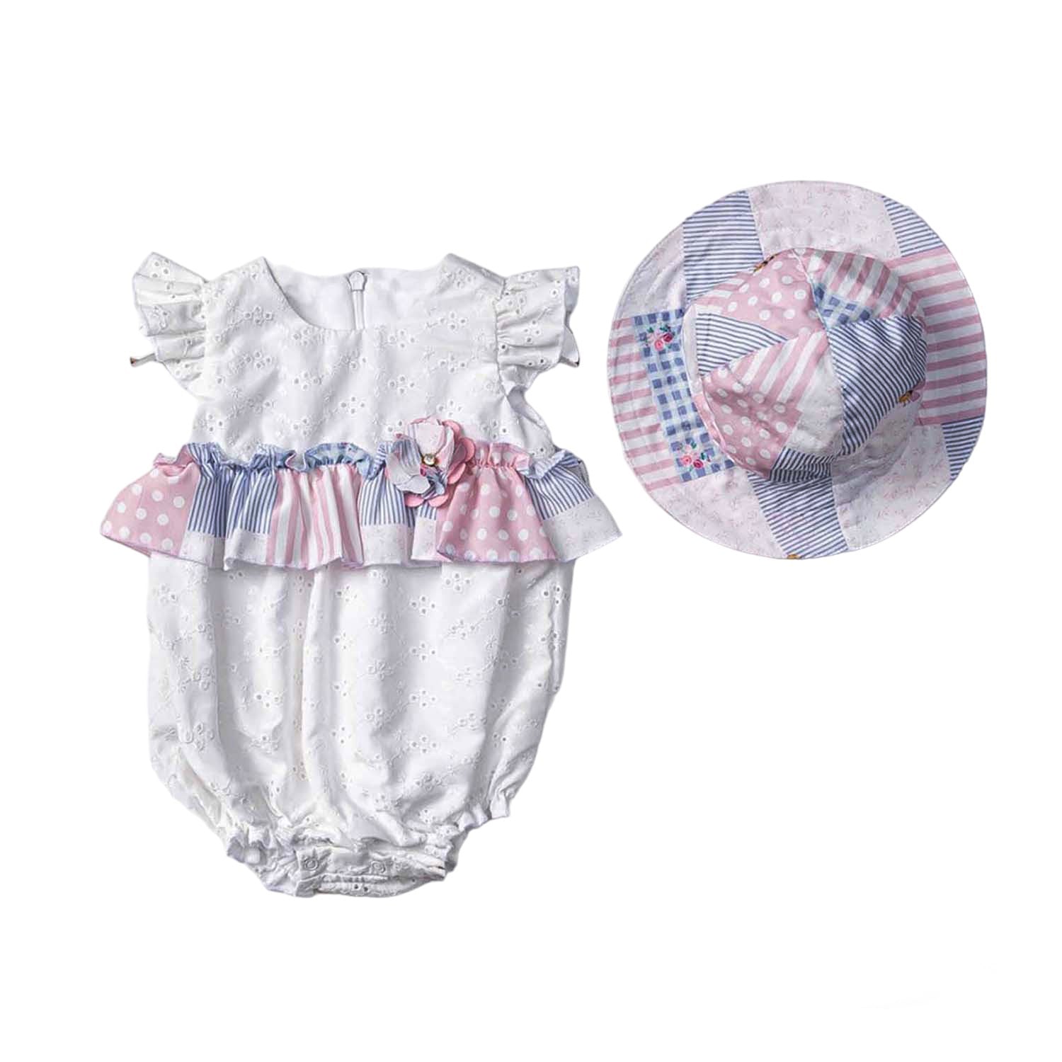 Infant Girl's 2-Piece Summer Romper with Flutter Sleeves & Matching Sun Hat