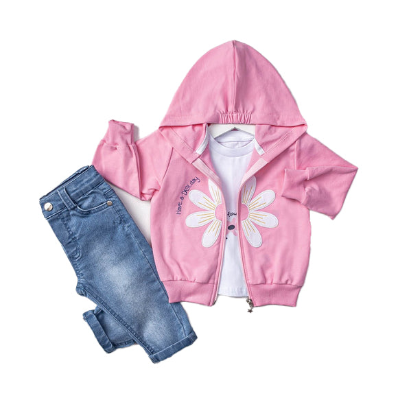 Little Girls' Colorful Hoodie Jacket, Jeans and T-Shirt Cute Girly 3-Piece Set