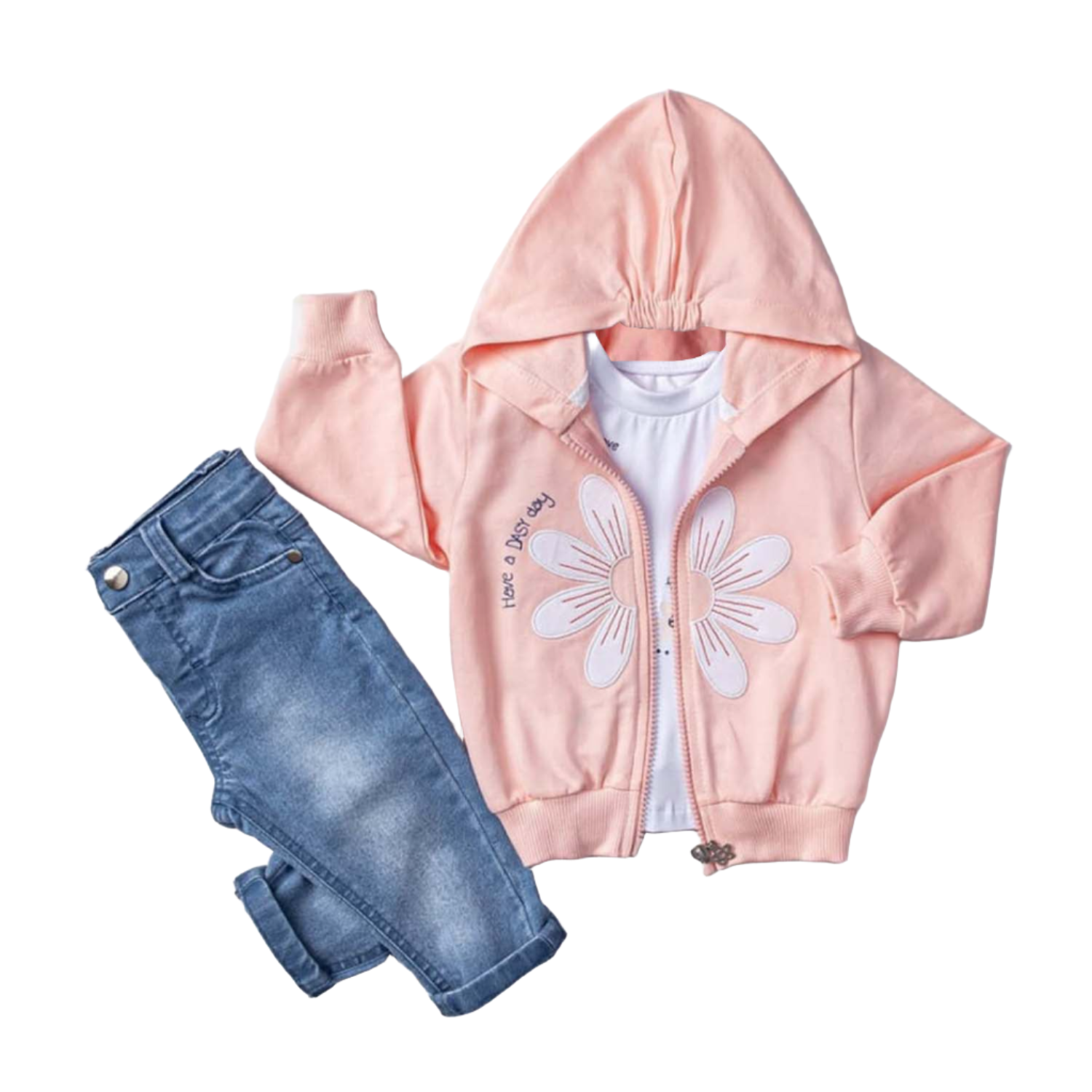 Little Girls' Colorful Hoodie Jacket, Jeans and T-Shirt 3-Piece Set