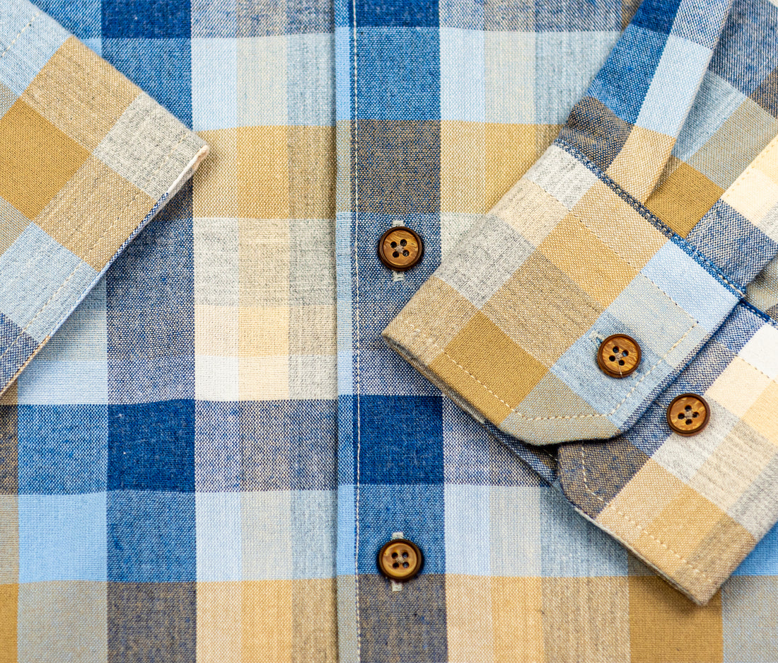 Wear Sierra Top Shelf Men's Cotton Long Sleeve Button Down Shirts in Blue Plaid, Soft Combed Cotton Shirt for Dads & Grads