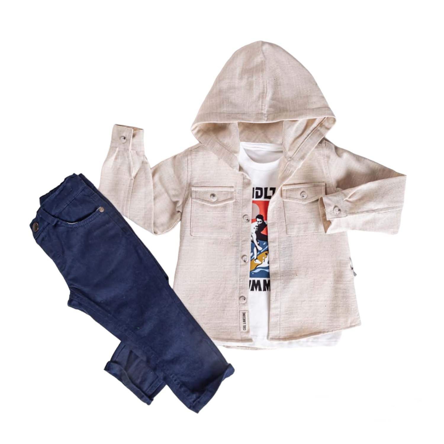 Toddler Boy Hoodie Set Jacket White T Shirt Blue Pant Ecru 3T