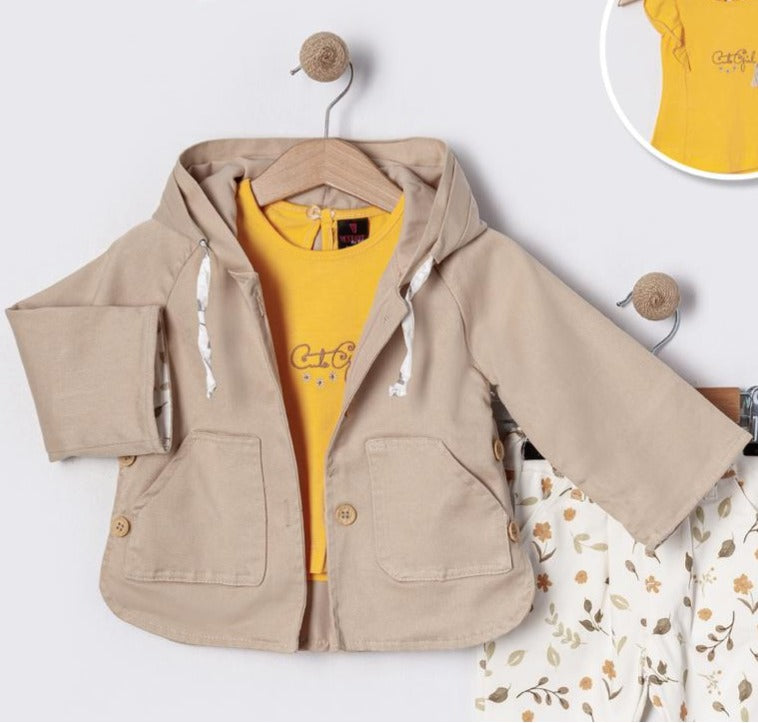 Little Girls' Summer & Fall Cotton 3-Piece Outfit Set - Jacket, Sleeveless Top, and Button Pants