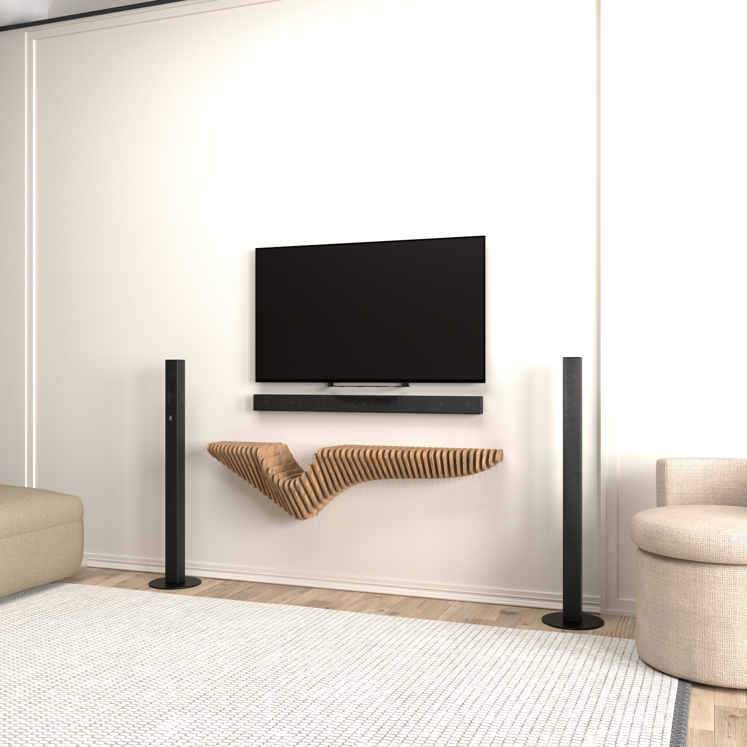 Modern living room, floating TV shelf.
