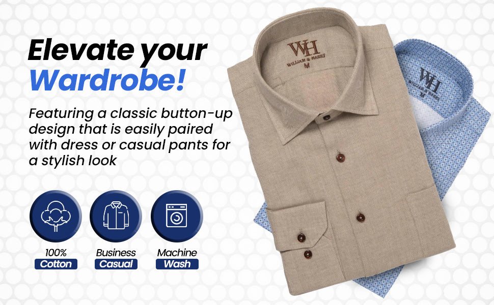 W&H Golf Men's Long Sleeve Button Up Sports Shirts - Grey Herringbone