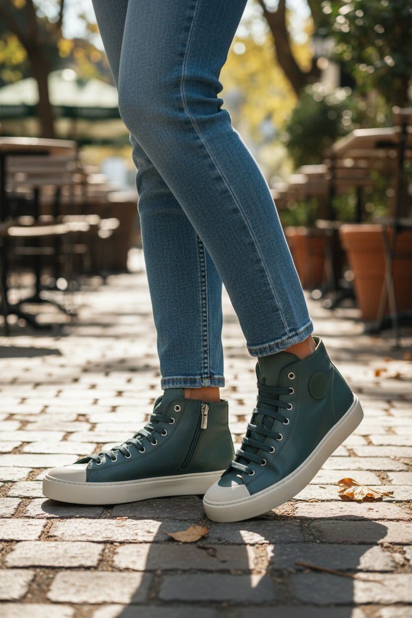 Women's Leather High Top Sneakers with Convenient Side Zipper (August Style)