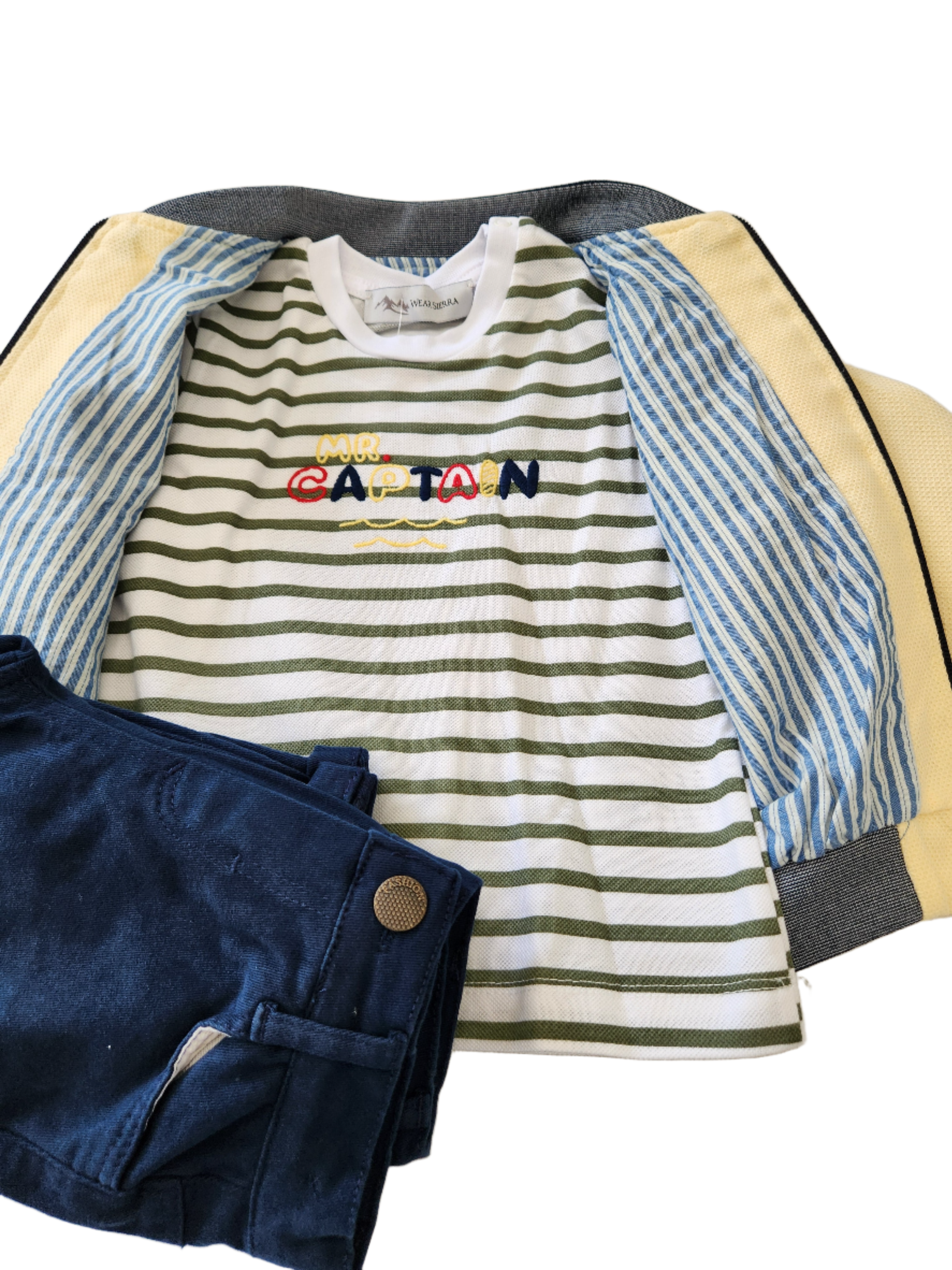 Infant and Toddler Boy's Blue and Yellow 3-Piece Pants, Shirt and Jacket Set with Nautical Theme