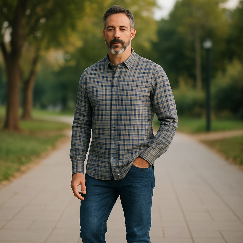 Wear Sierra Top Shelf Men's Turkish Cotton Long Sleeve Button Down Shirt in Gray & Blue Plaid, Casual Friday Shirt for Men