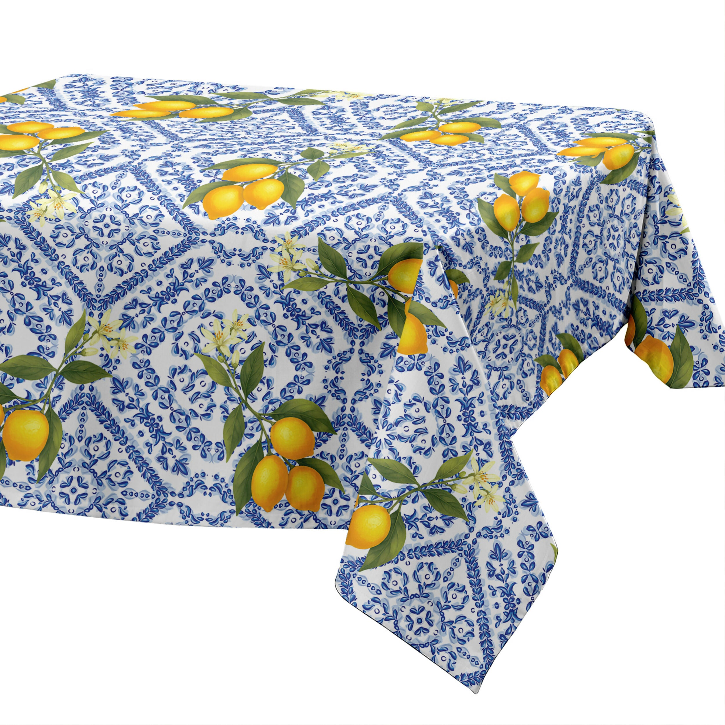 Lemon and blue patterned tablecloth.