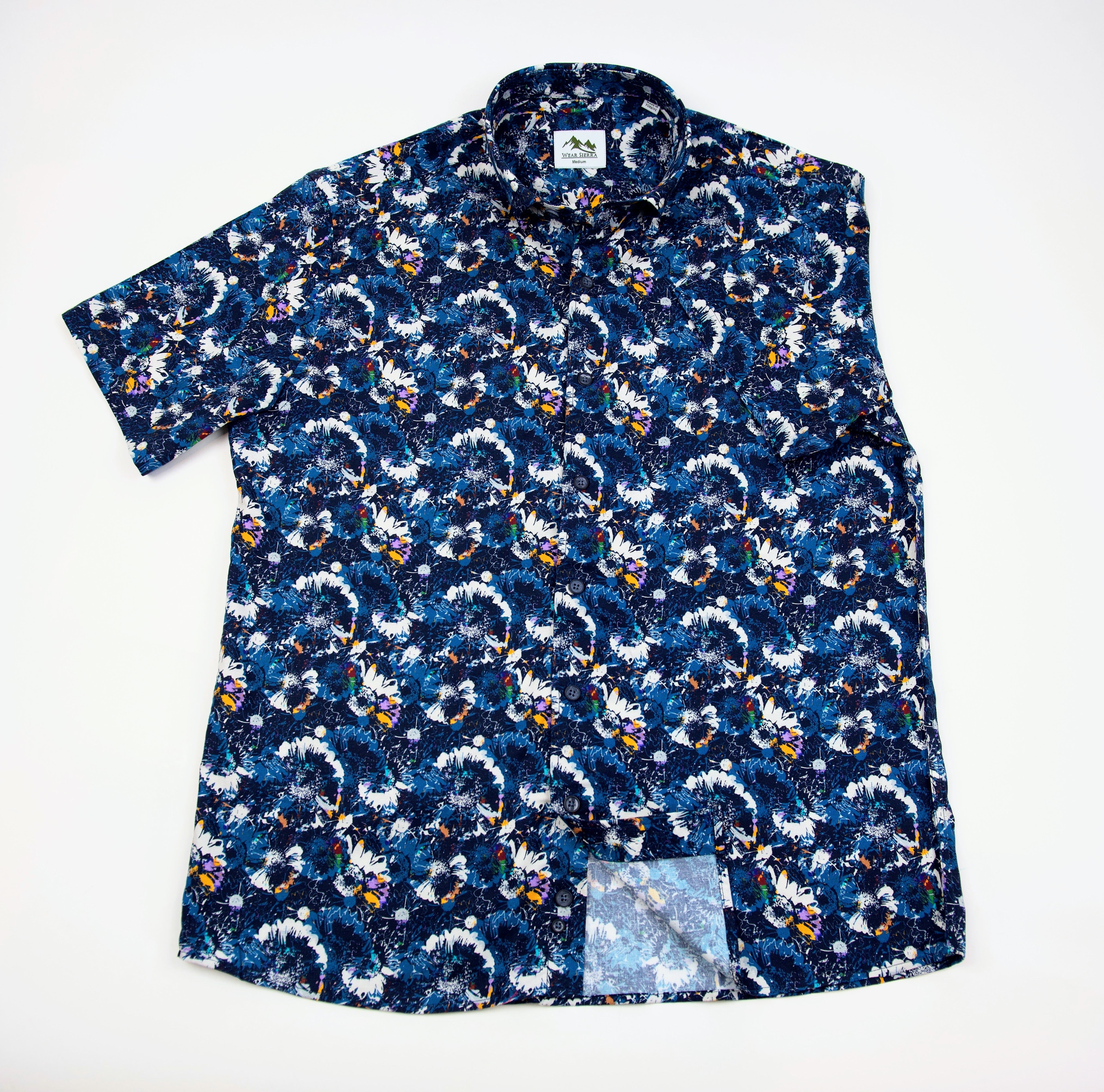 Wear Sierra Top Shelf Men's Cotton Short Sleeve Button Down Shirts Navy Abstract Pattern