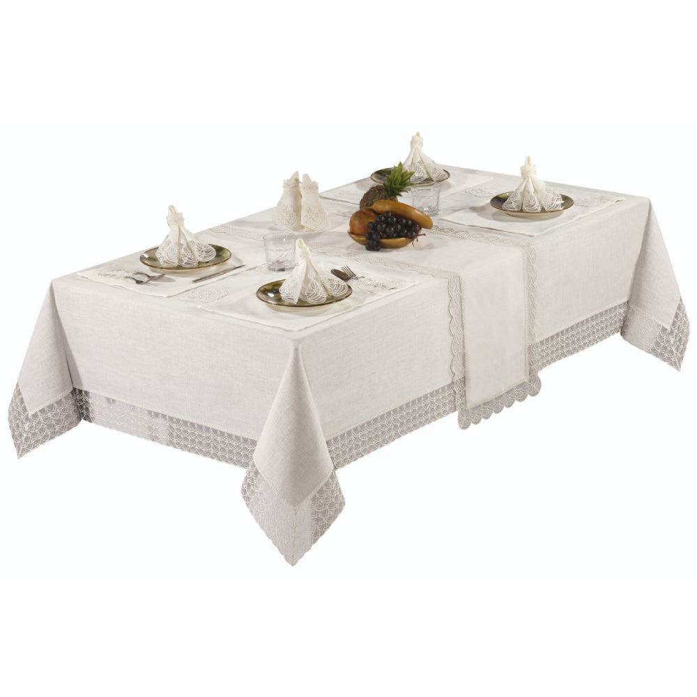 26 Piece Tablecloth Set in "Champagne Kisses" Linen-Like Material with Faux Pearls and Lace Edging - Wear Sierra