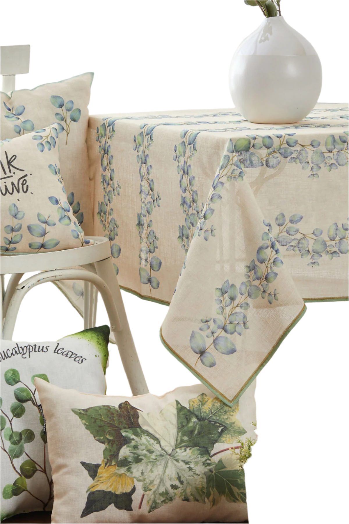 Beautiful Ivy Linen-Like Tablecloth in Pastel Blues and Greens