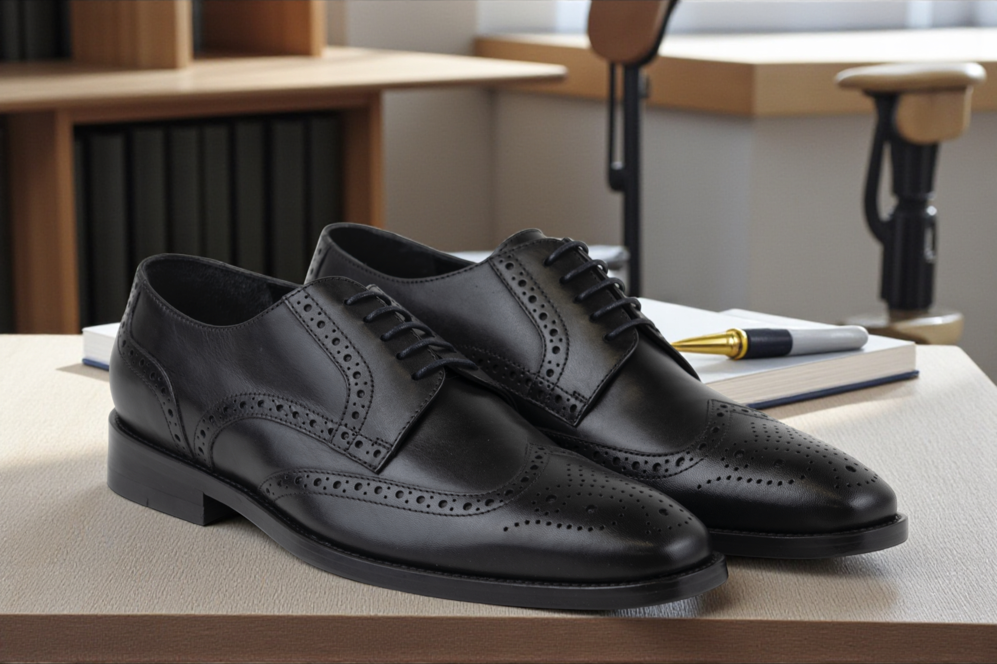 Men's Wingtip Brogue Derby Leather Dress Shoes in All Black (Philon Style)