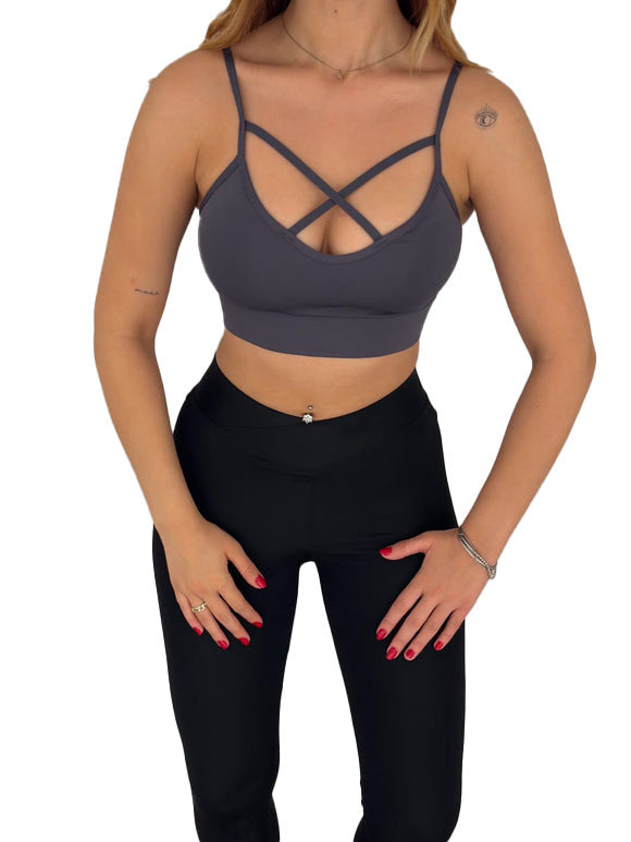 Juniors' and Women's Lightly Padded Workout Wear, Crisscross Front Plunge Neck Top - Wear Sierra
