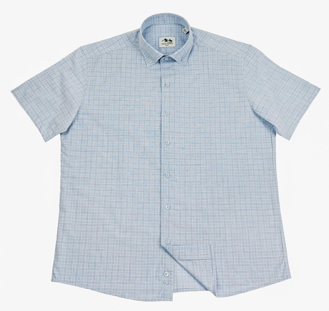 Wear Sierra Top Shelf Men's Linen Short Sleeve Button Down Shirt in Light Blue Plaid - Great for Casual Fridays at the Office and Date Nights