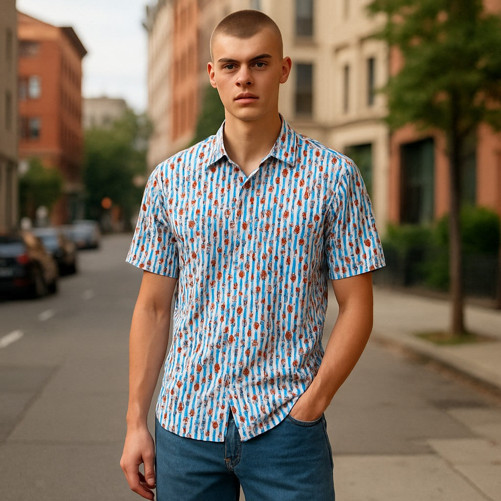 Wear Sierra Top Shelf Men's Cotton Short Sleeve Button Down Shirts in Navy Stripes & Papayas
