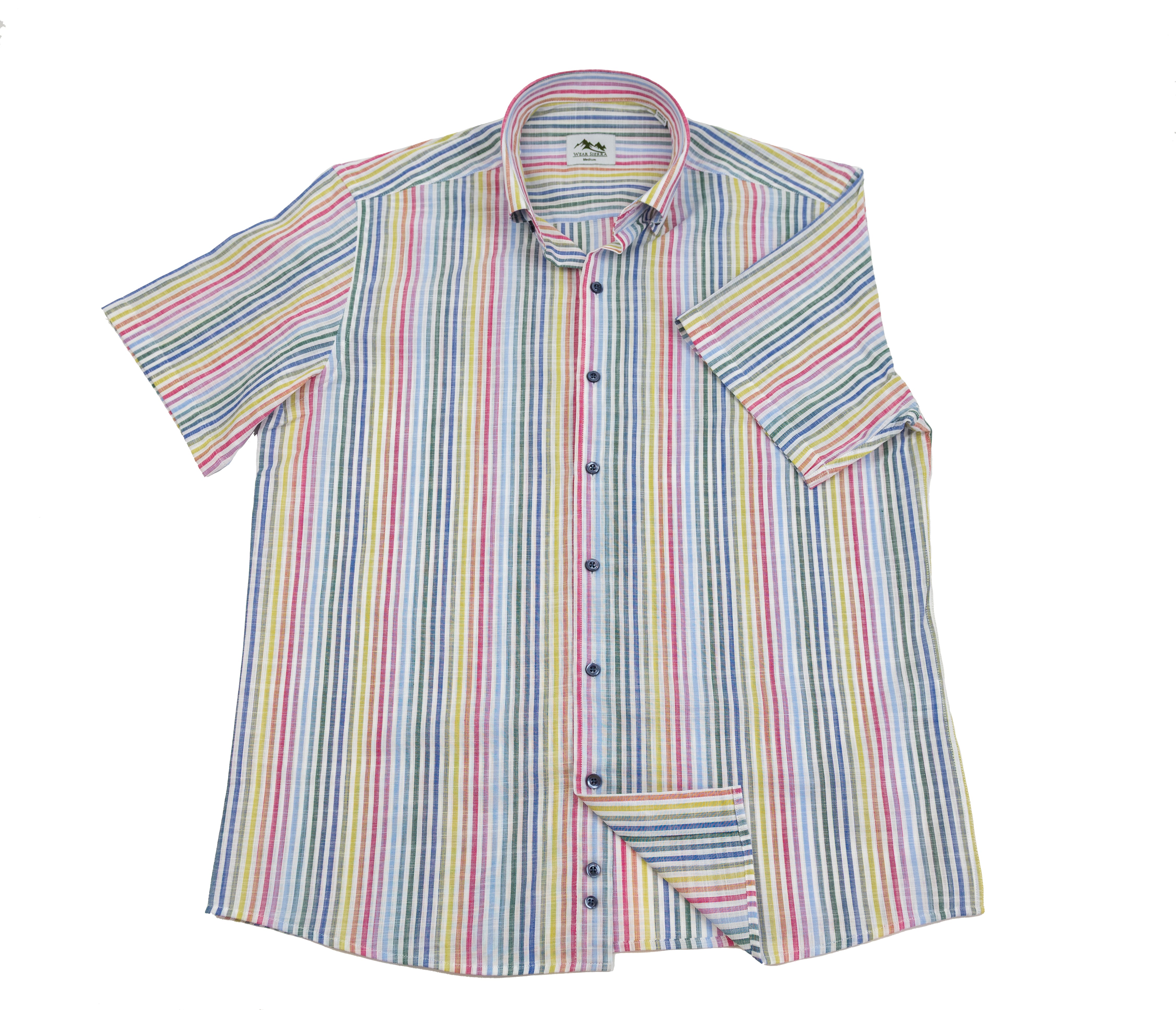 Wear Sierra Top Shelf Men's Cotton Short Sleeve Button Down Shirts White Rainbow Stripes