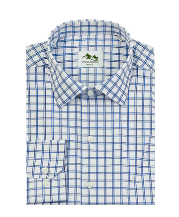 Wear Sierra Top Shelf Men's Turkish Cotton Long Sleeve Button Up Shirt in Blue Windowpane Plaid, Casual Friday Shirt for Men