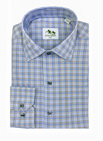 Wear Sierra Top Shelf Men's Turkish Cotton Long Sleeve Button Up Shirt in Blue & Brown Plaid, Casual Friday Shirt for Men