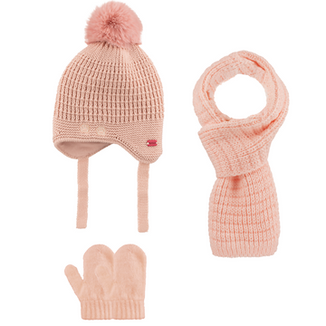 Infants Knitted Paw Detailed Winter Beanie 3 Piece Set-Beanie-Gloves-Scarf With Earflaps For Baby Girls(0-18 months)