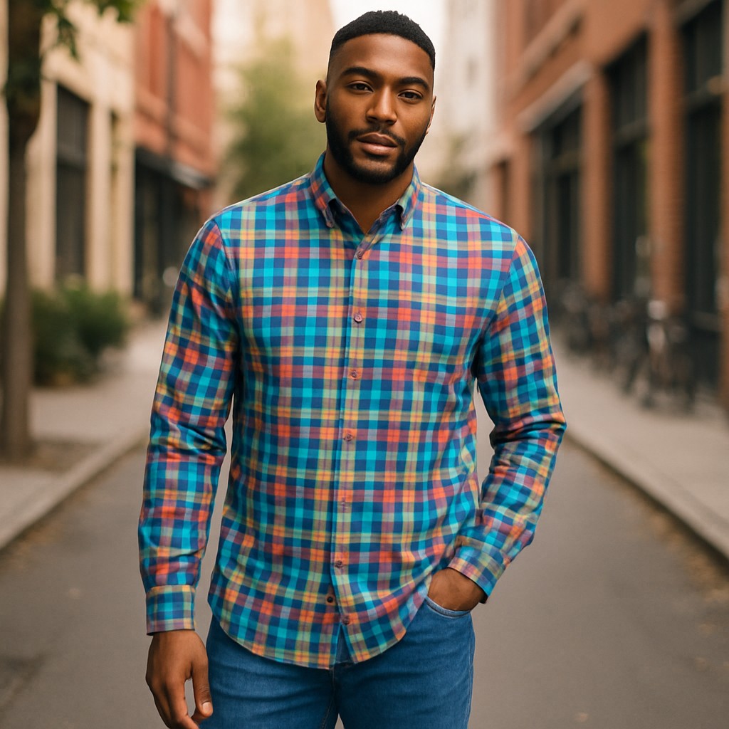 Wear Sierra Top Shelf Men's Cotton Long Sleeve Button Down Shirts in Colorful Navy Madras