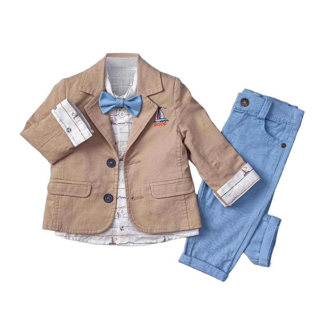 Little Boy to Toddler Nautical Jacket, Button-Up Long Sleeve Shirt & Pants Full 3-Piece Suit