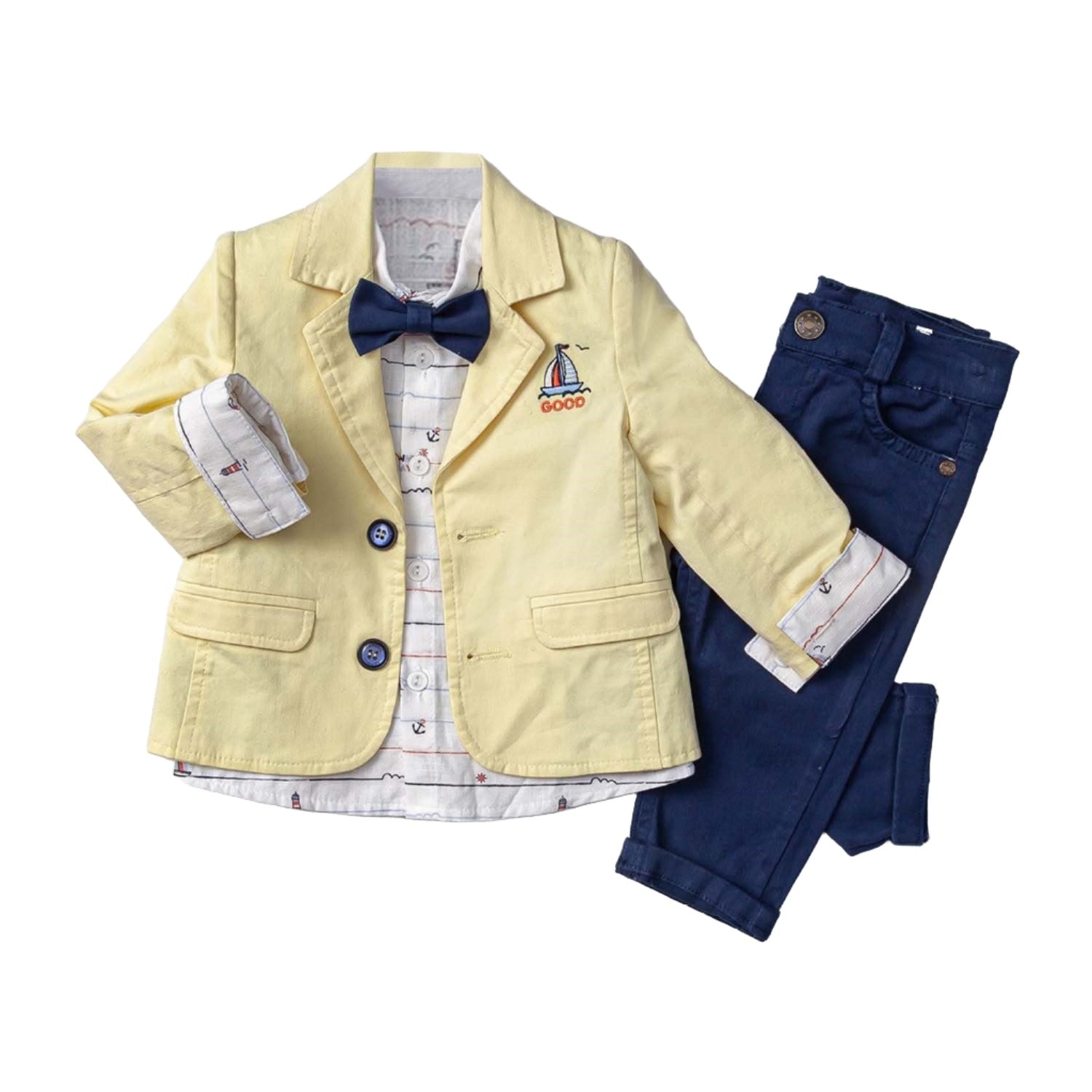 Little Boy to Toddler Nautical Jacket, Button-Up Long Sleeve Shirt & Pants Full 3-Piece Suit