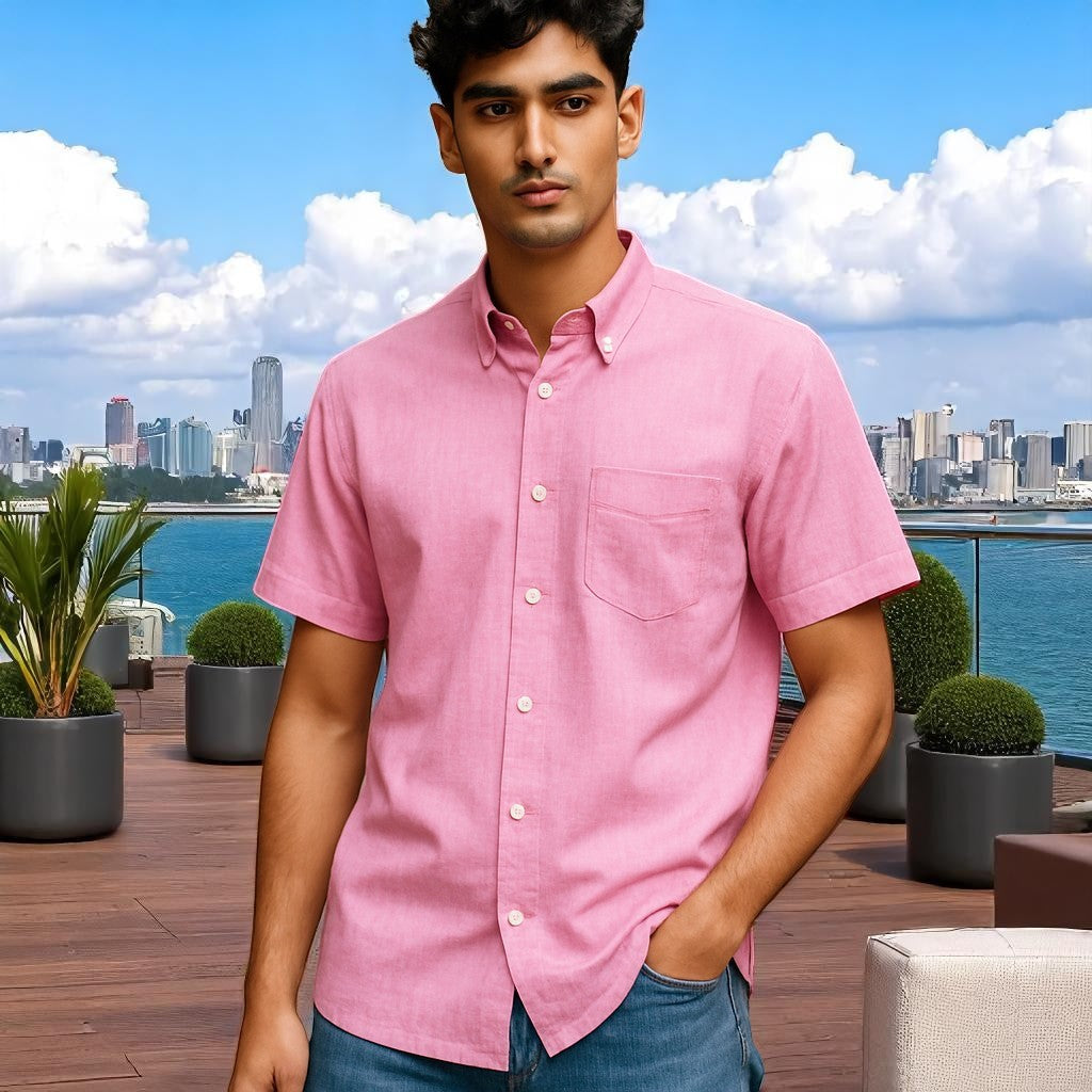 Wear Sierra Top Shelf Men's Linen Short Sleeve Button Down Shirt in Pink