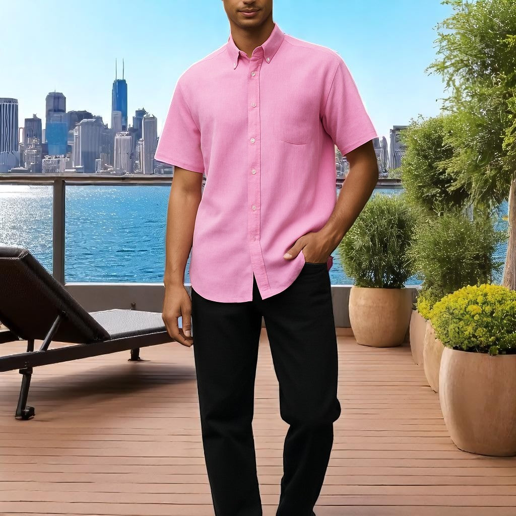 Wear Sierra Top Shelf Men's Linen Short Sleeve Button Down Shirt in Pink