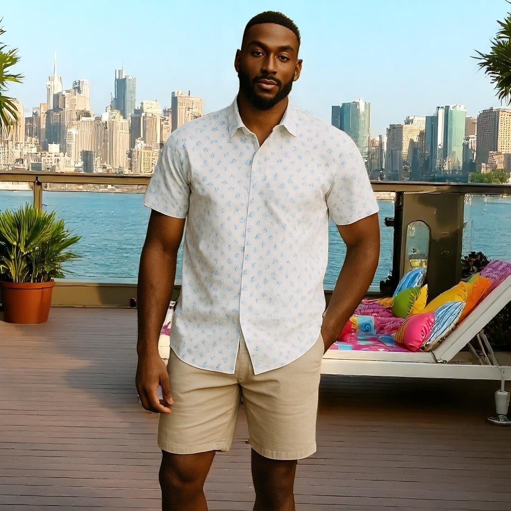 Wear Sierra Top Shelf Men's Cotton Button Down Short Sleeve Shirts White & Blue Flowers