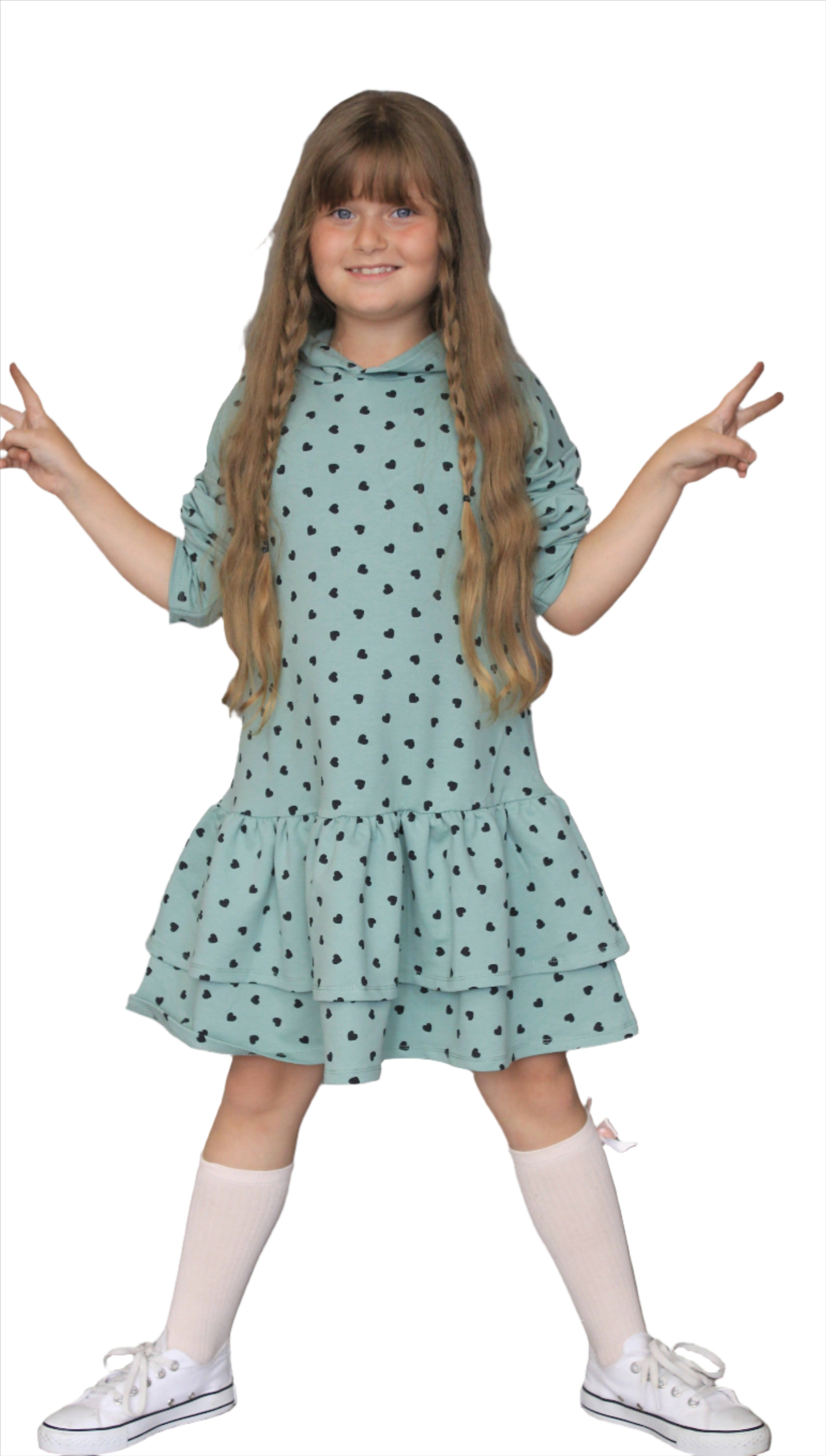 Heart Print Hoodie Ruffled Dress, Girl's Fun Dress, Girl's Comfortable Dress - Wear Sierra