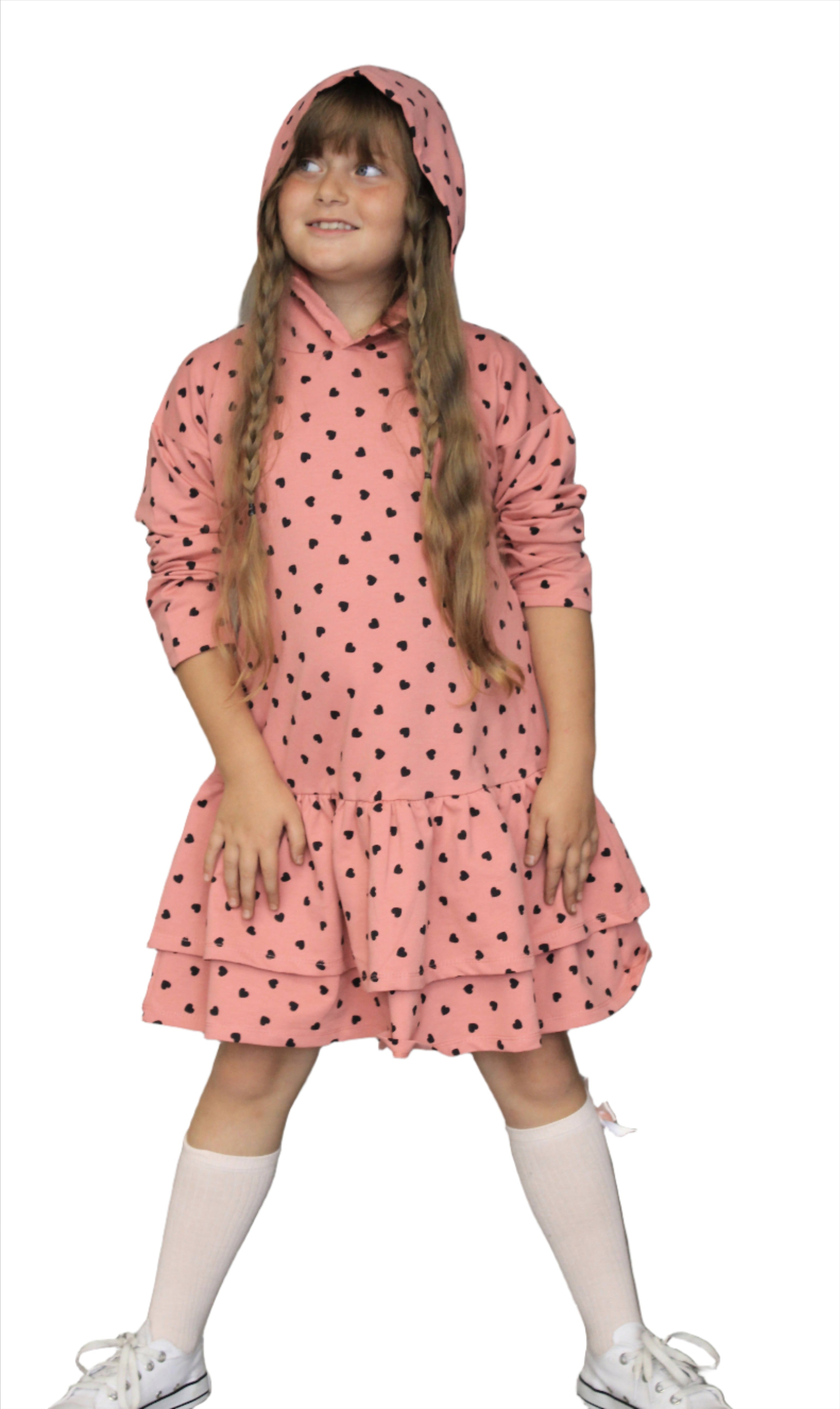 Heart Print Hoodie Ruffled Dress, Girl's Fun Dress, Girl's Comfortable Dress - Wear Sierra