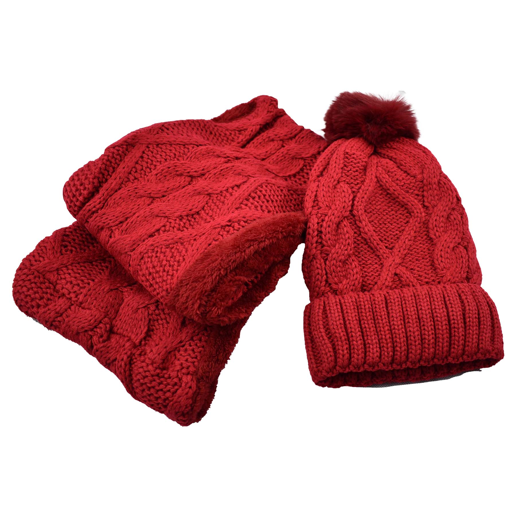 Fur Lined Beanie Pom Pom Hats and Scarf Set