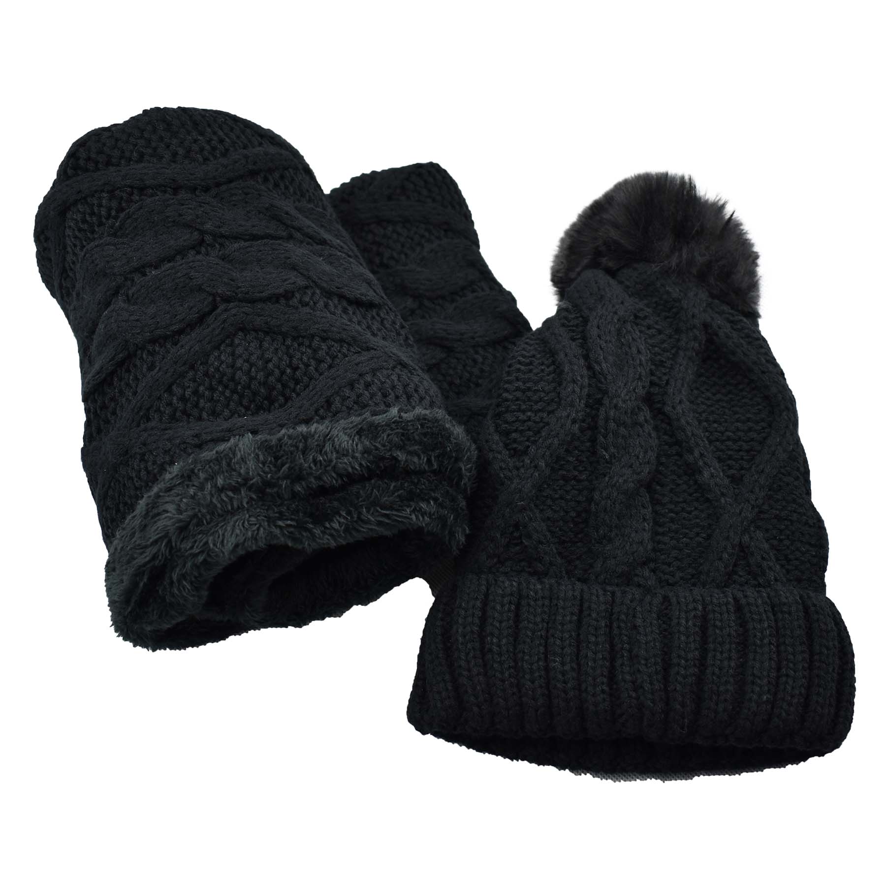 Fur Lined Beanie Pom Pom Hat and Scarf Set