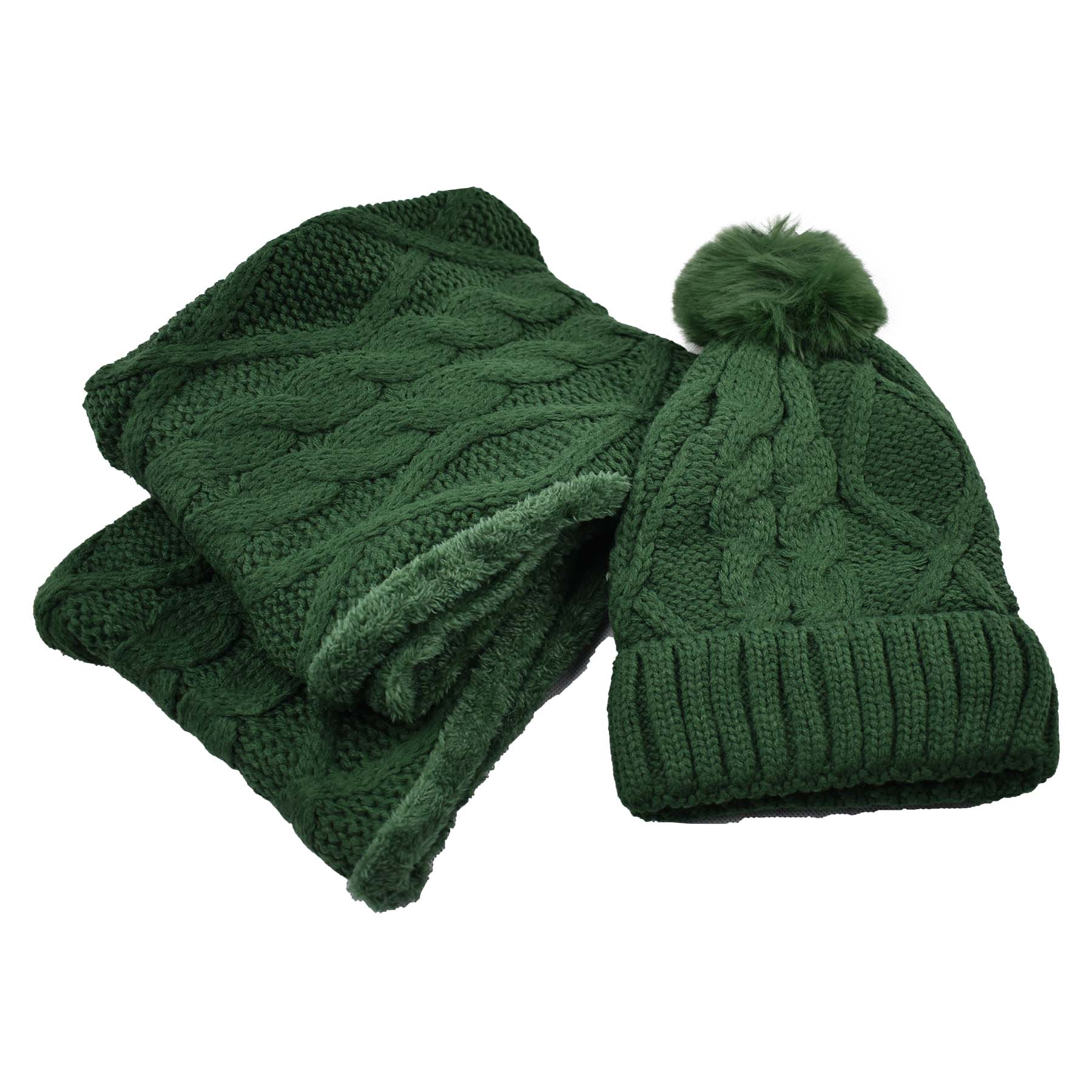 Fur Lined Beanie Pom Pom Hat and Scarf Set
