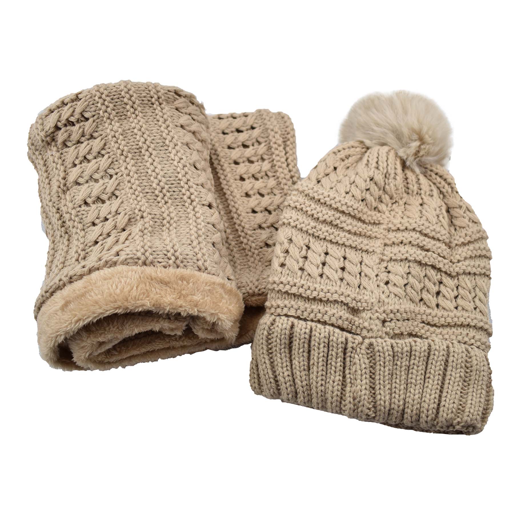 Fur Lined Beanie Pom Pom Hat and Scarf Set