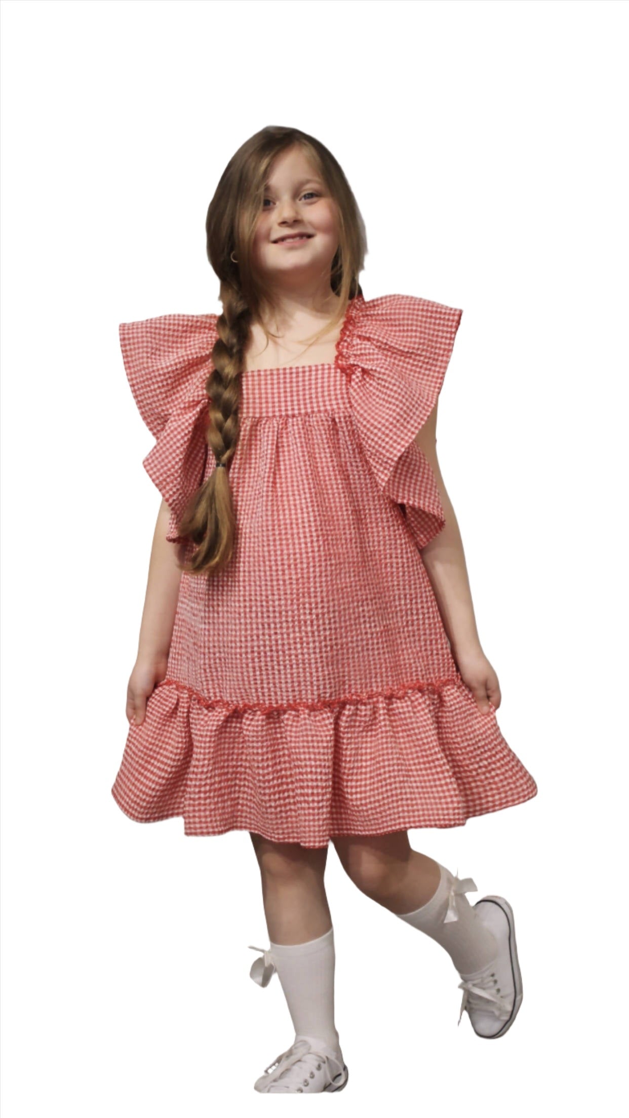 Wear Sierra Flutter Sleeve Girl's Dress, Summer Seersucker Style Dress, Size: 8, Red