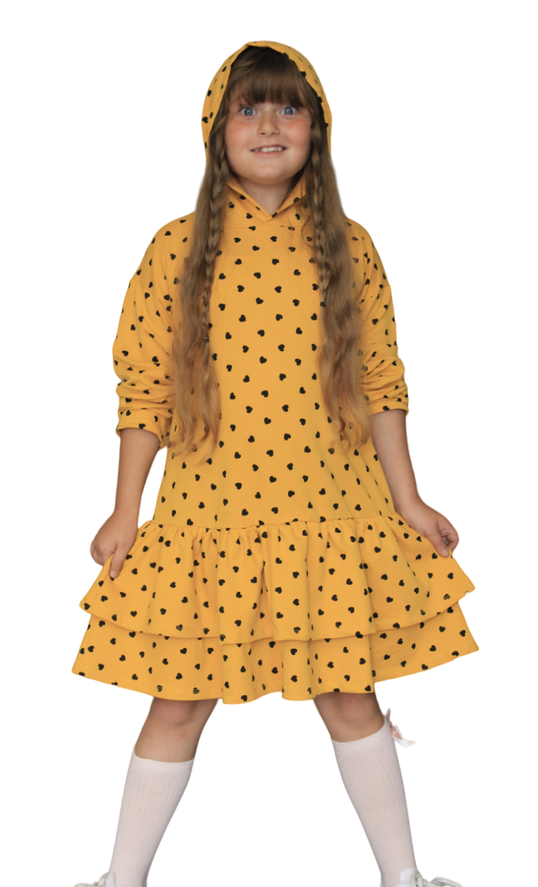 Heart Print Hoodie Ruffled Dress, Girl's Fun Dress, Girl's Comfortable Dress - Wear Sierra