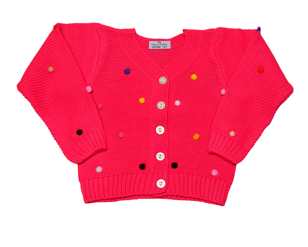 Wear Sierra Pompoms Soft Full Sleeve Cardigan For Toddler Newborn Babies Kids Girls - Wear Sierra