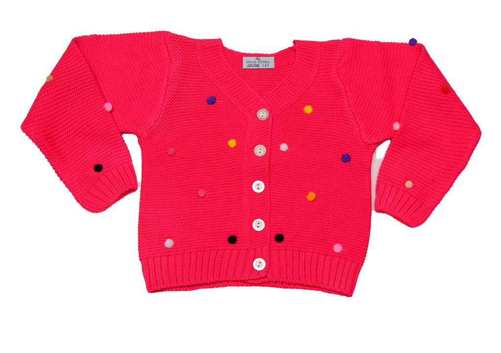 Wear Sierra Pompoms Soft Full Sleeve Cardigan For Toddler Newborn Babies Kids Girls - Wear Sierra