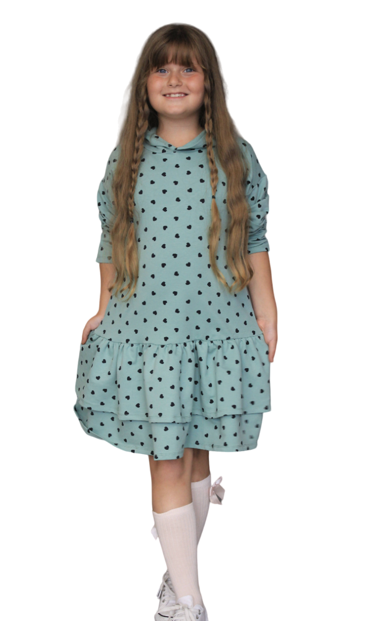 Heart Print Hoodie Ruffled Dress, Girl's Fun Dress, Girl's Comfortable Dress - Wear Sierra
