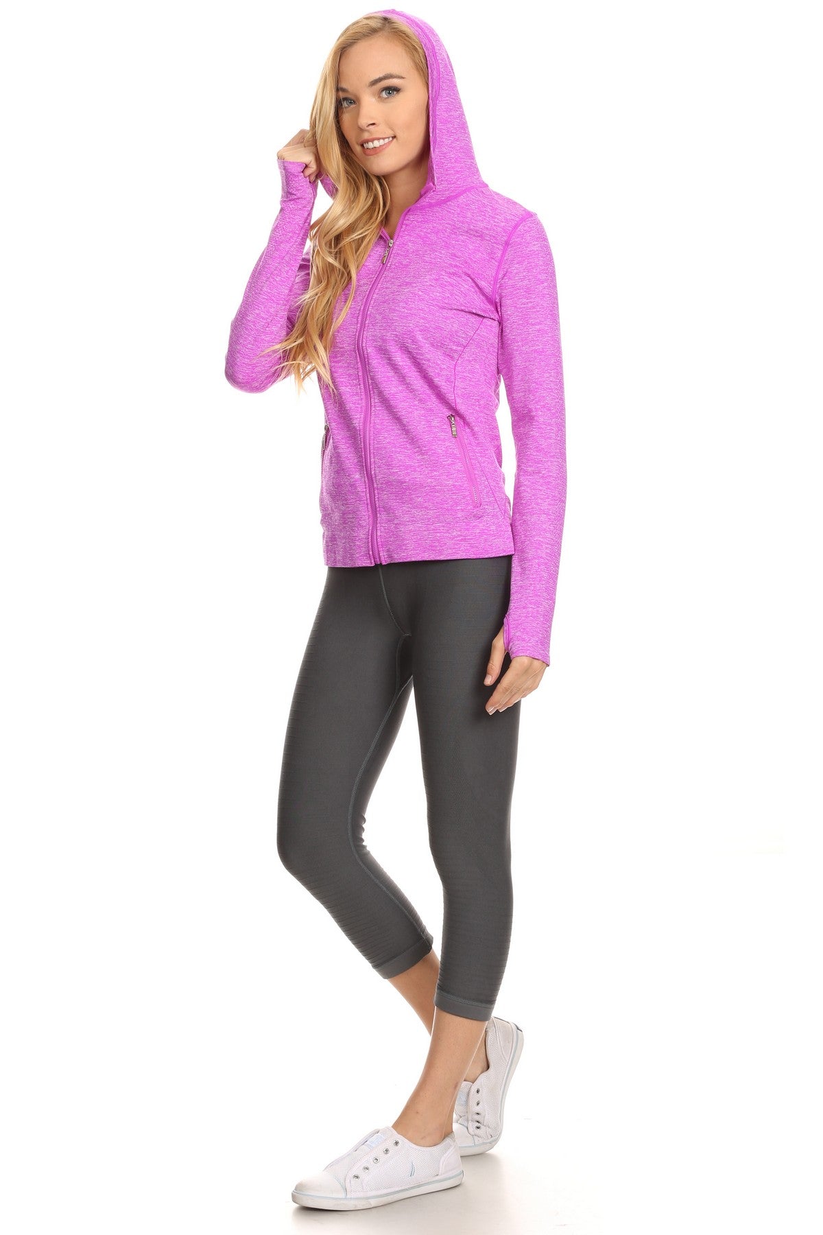 Women's Seamless Athletic Slim Fit Full Zipper Jacket with Hoodie and Thumb Holes - Wear Sierra