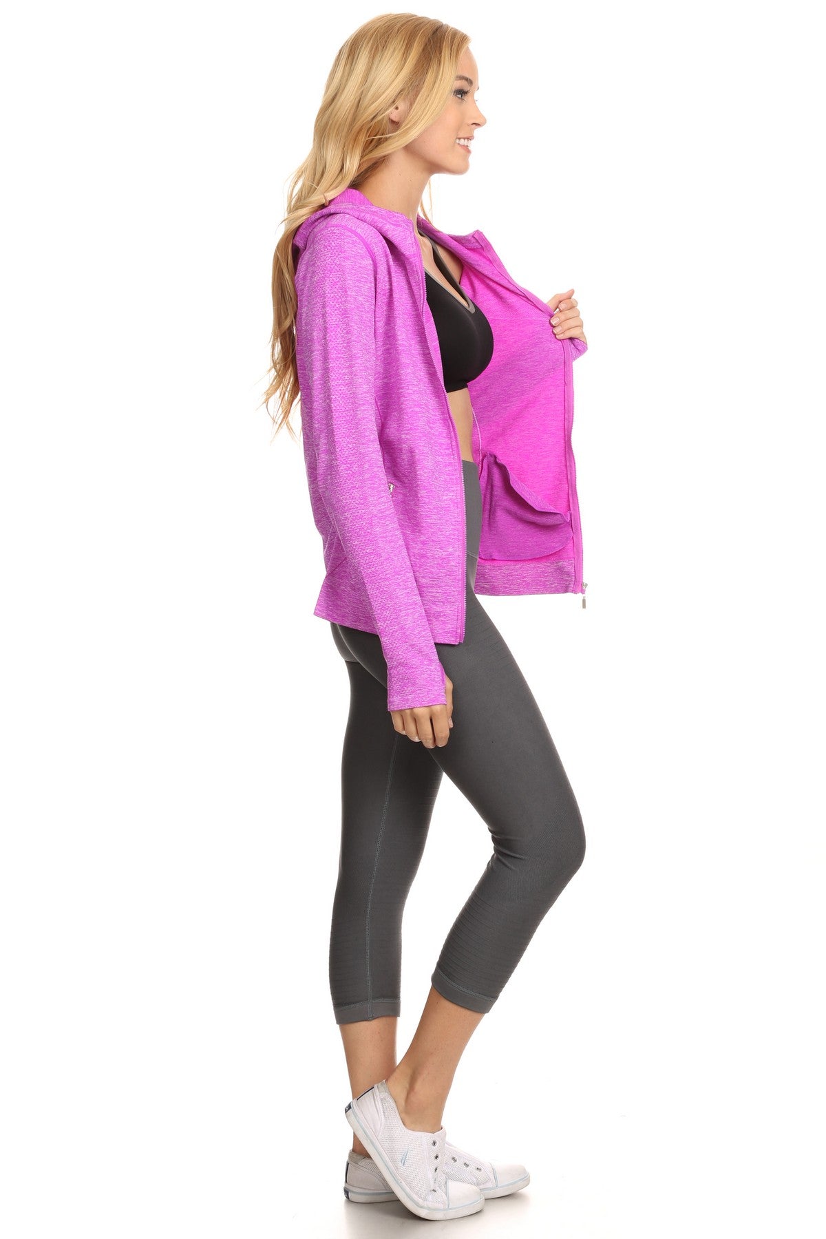 Women's Seamless Athletic Slim Fit Full Zipper Jacket with Hoodie and Thumb Holes - Wear Sierra